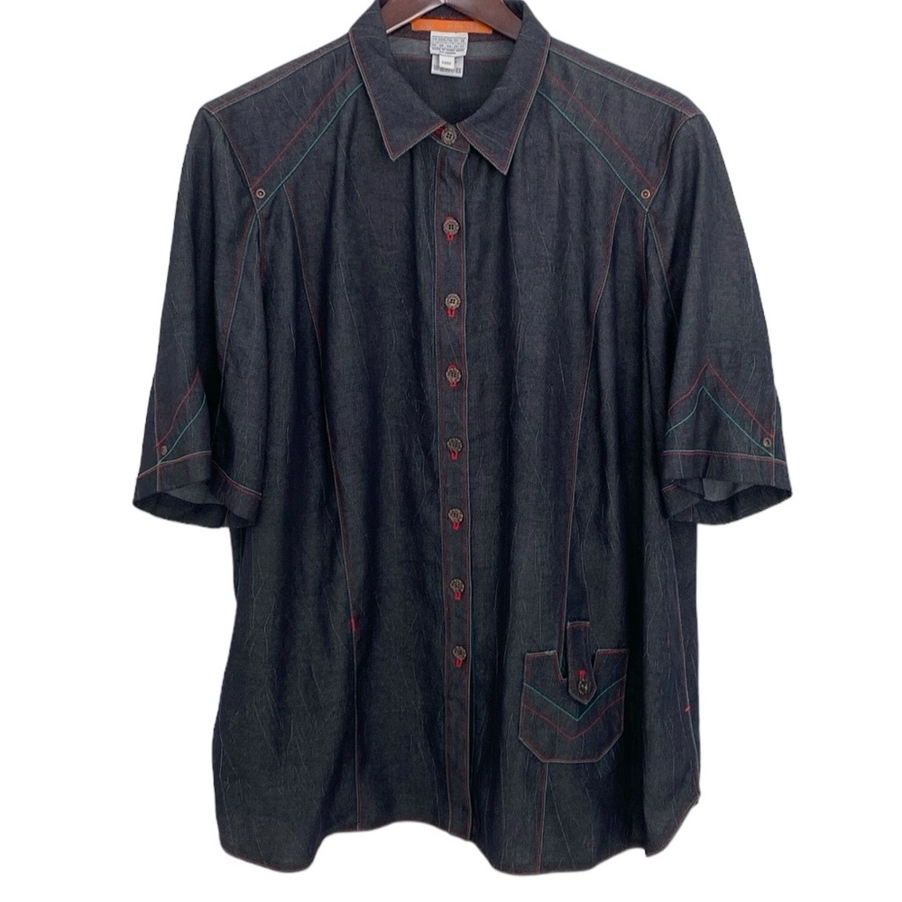 Alain Weiz Dark Blue Denim Print Button Down Shortsleeved Shirt